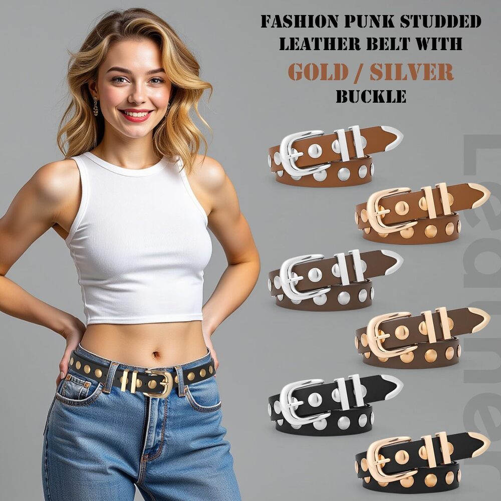 1933 Women Studded Belt For Jeans Dress Fashion Punk Leather Belt Black Belt - Picture 3 of 6